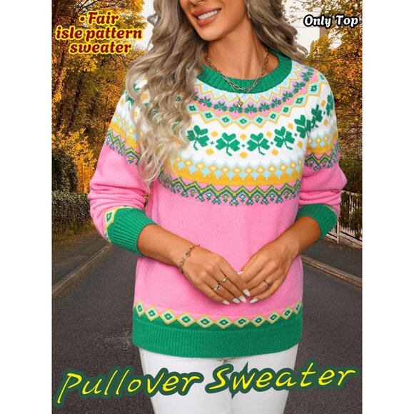 Womens Fair Isle Christmas Sweater Lucky Clover Pattern Chunky Knit Holiday Pull - Picture 3 of 7